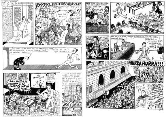 Reproduksjon av Christopher Nielsens tegneseriebidrag «Kunst & Håndverk om ca. Fire år,» til SHKS sin skoleavis Løskant, utgave 1 (1983)