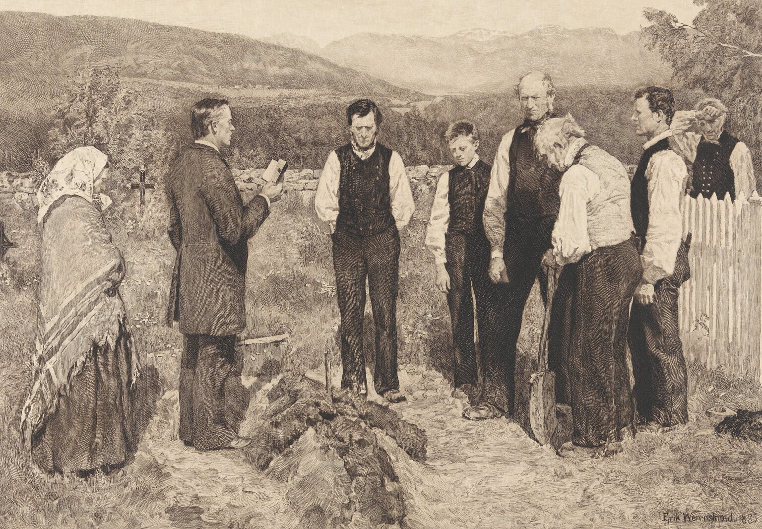 Johan Nordhagen, En bondebegravelse (1894). Etter Erik Werenskiolds maleri fra 1885. Foto: Therese Husby.
