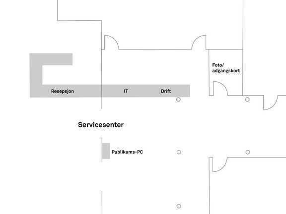 Illustrasjon av Servicesenteret med plassering av funksjonane for resepsjon/sentralbord, drift, it og rom for fotografering til adgangskort.