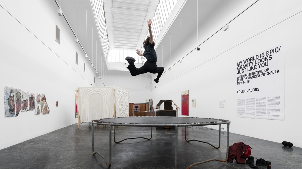 Installation view, Plural Plur, graduation exhibition 2019. Foreground: View of Louise Jacobs, MY WORLD IS EPIC/GRAVITY LOOKS JUST LIKE YOU. Photo: Istvan Virag.