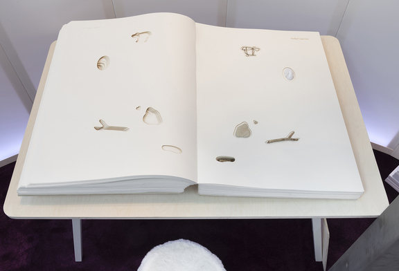 Anna Weilhartner: Bok med objekter. (2020) 50 x 100 x 20 cm. Bibliotekets besøkere inviteres til å skrive og tegne i boken. Foto: Øystein Thorvaldsen 