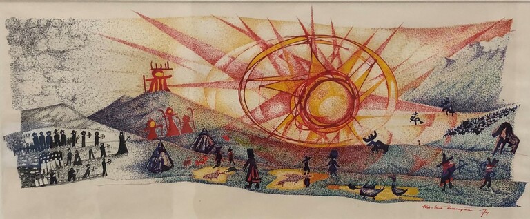 Nils-Aslak Valkeapää, “Dálle beaivi orui min luhtte / Da solen bode hos oss”, ink on paper, 1974. Nils-Aslak Valkeapää, “Dálle beaivi orui min luhtte / Da solen bode hos oss”, ink on paper, 1974.