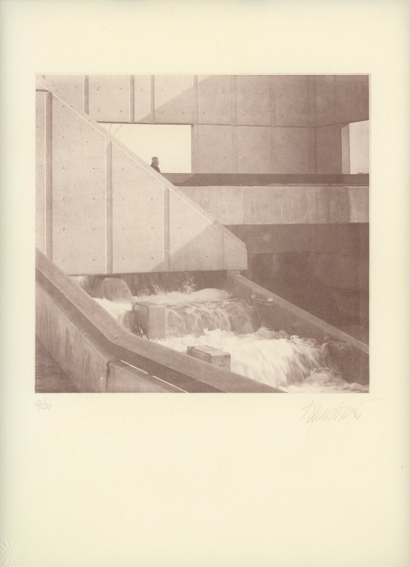 Joseph E. Kinnebrew IV, Fish Ladder Sculpture, 1975. 
Collotype print on paper in: Kinnebrew IV, Joseph E. A Suite of Three Prints: Based on a Piece of Environmental Sculpture, Grand Rapids Michigan, 1975. (Alma, Michigan: Light print press, 1975). Image/permission: Grand Rapids Public Museum, Grand Rapids, MI. 
