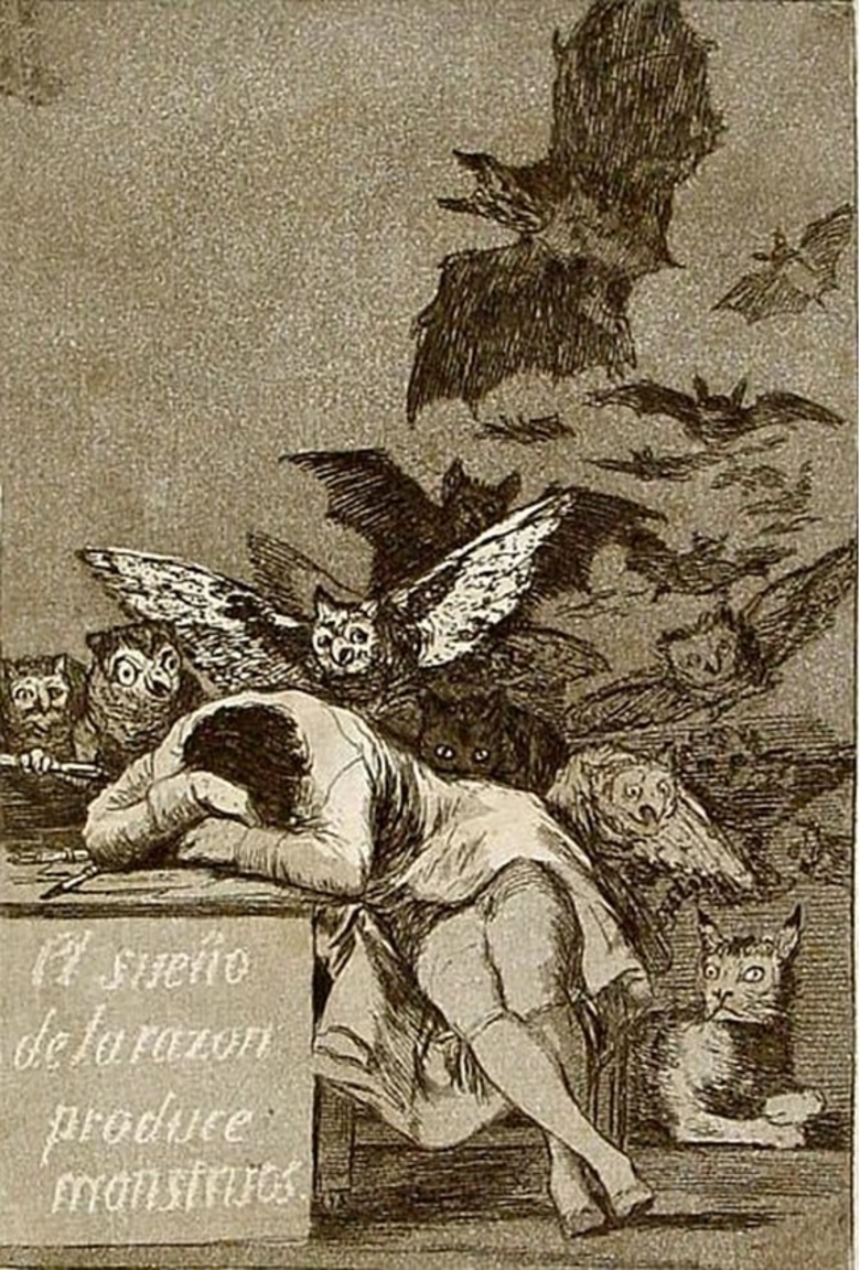 Bildetekst: Capricho No. 43: The sleep/dream of reason produces monsters. Francisco de Goya, 1799