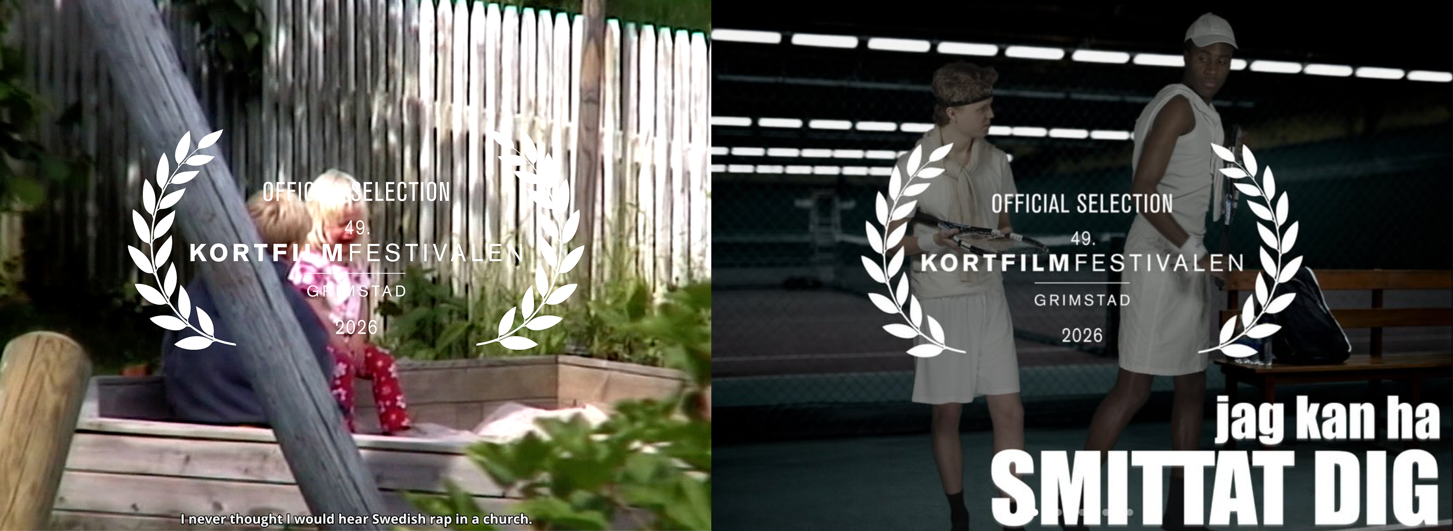 De to filmene fra Kunstakademiets studenter på Kortfilmfestivalen i Grimstad. Til venstre: Kjøtt, blod, kjærlighet. Til høyre: Jag kan ha smittat dig. De to filmene fra Kunstakademiets studenter på Kortfilmfestivalen i Grimstad. Til venstre: Kjøtt, blod, kjærlighet. Til høyre: Jag kan ha smittat dig.
